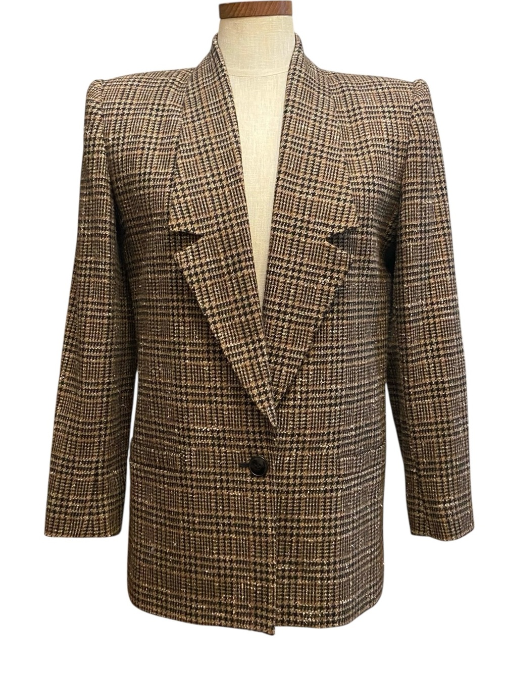 Vtg 80s Sasson Brown Plaid Houndstooth Longline Blazer 6 Preppy Corporate Chic